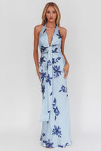 Floral Halter Deep V-Neck Knot Front Tie Sash Maxi Dress