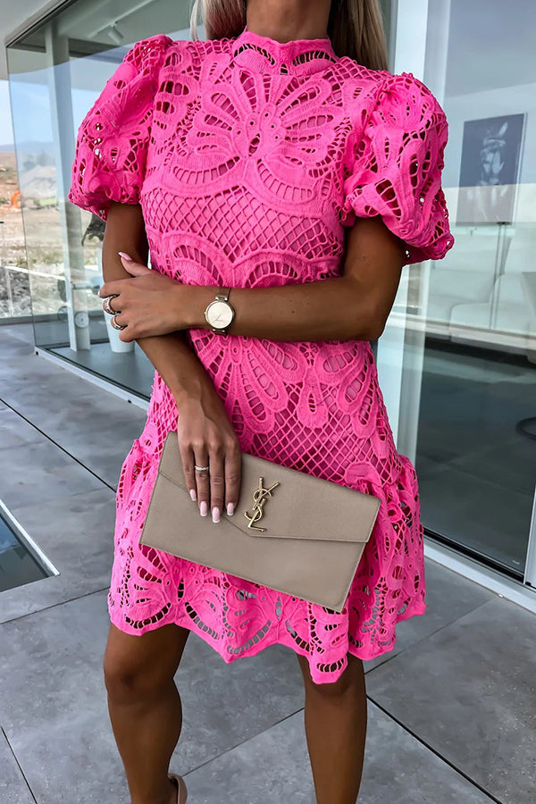 Crochet Lace Mock Neck Puff Sleeve Ruffle Hem Mini Dress