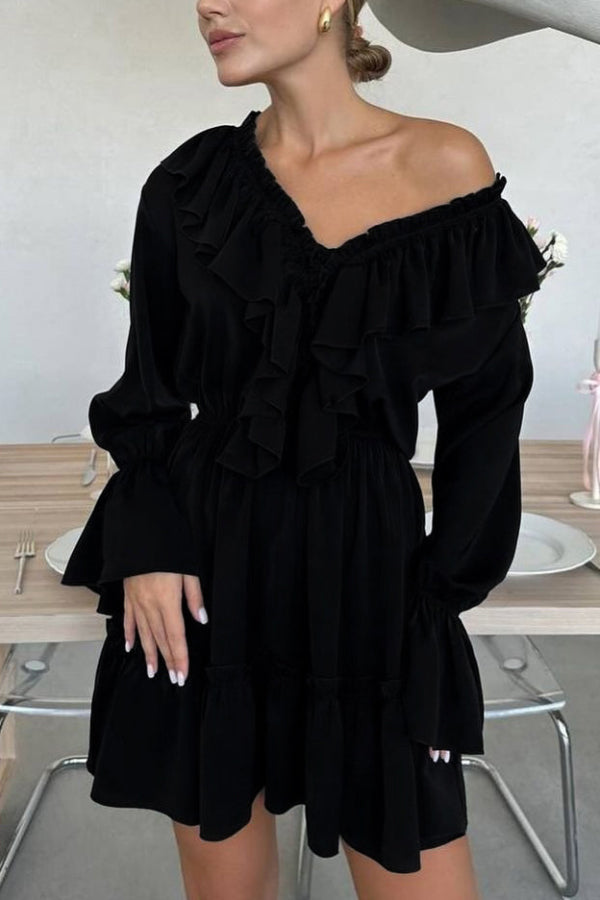 Solid Color V-neck Ruffled Ruched Long-sleeved Vacation Mini Dress