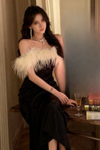 Strapless Feather Trim Neckline Draped Wrap Front Asymmetric Hem Midi Dress