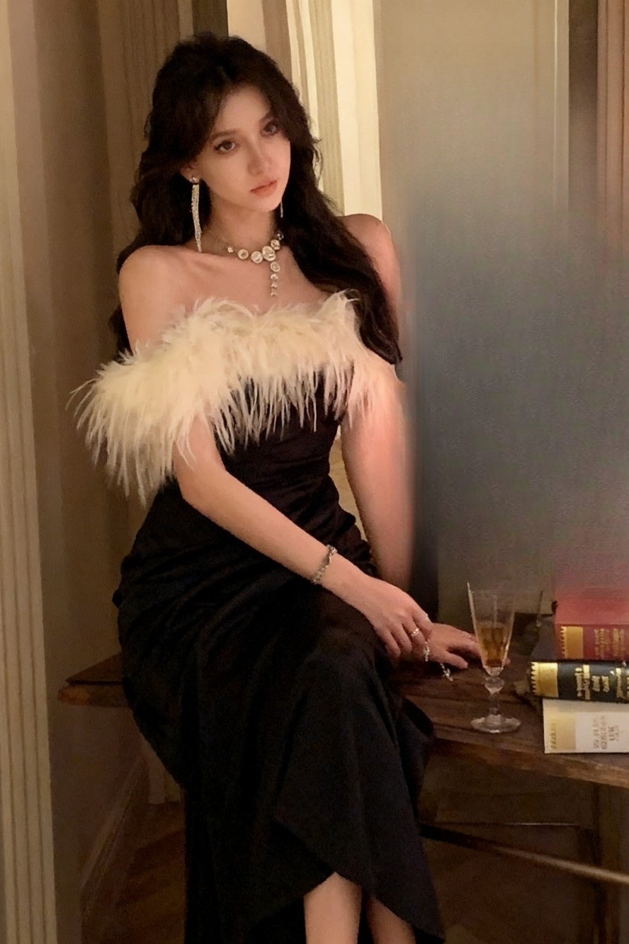 Strapless Feather Trim Neckline Draped Wrap Front Asymmetric Hem Midi Dress