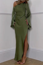 One Shoulder Bell Sleeve Asymmetric Slit Satin Maxi Gown