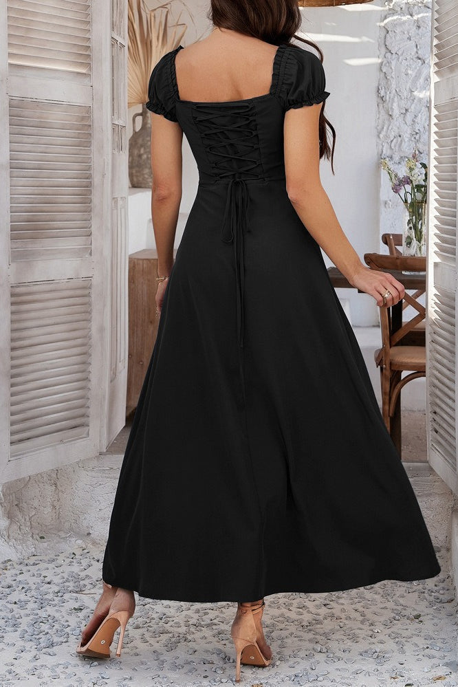 Off Shoulder Puff Sleeve Tie Front Corset Bodice A Line Midi Dress