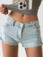 Low Waist Zipper Slit Denim Shorts