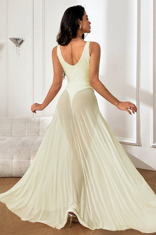 Mesh Overlay Deep V-Neck Spaghetti Strap A-Line Maxi Dress