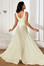 Mesh Overlay Deep V-Neck Spaghetti Strap A-Line Maxi Dress