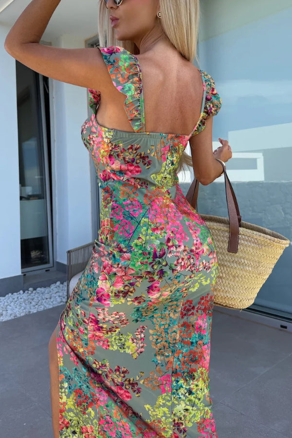 Elegant Floral Print Square Neckline Slim-fit Slit Midi Dress