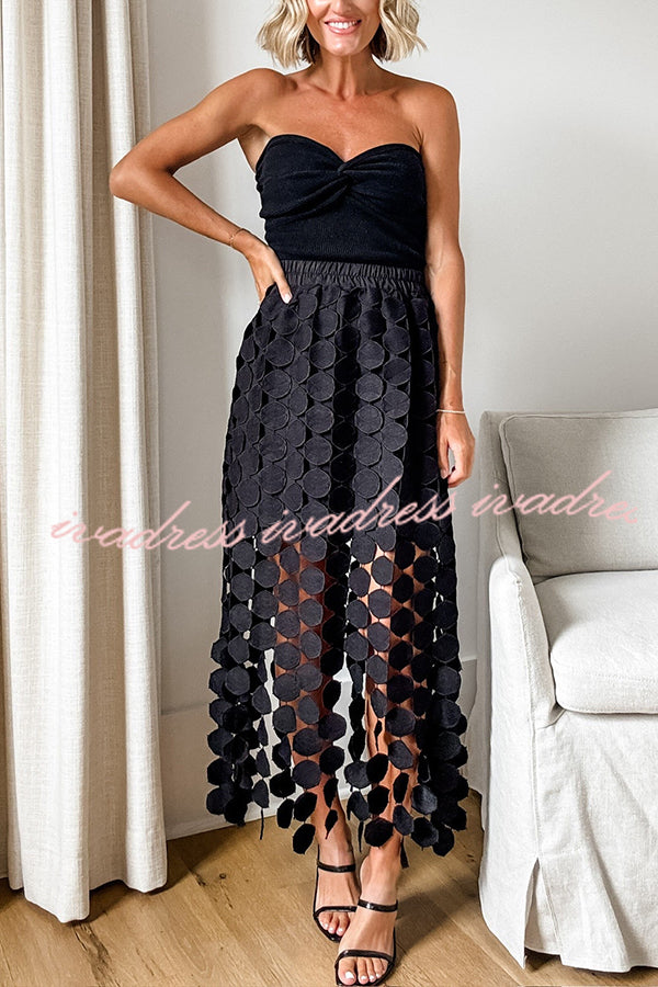 Casie See Through Circle Embroidery Elastic Waist Tassle Hem Maxi Skirt