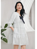 V Neck Bow Front Puff Sleeve Tiered Ruffle Pocket Babydoll Mini Dress