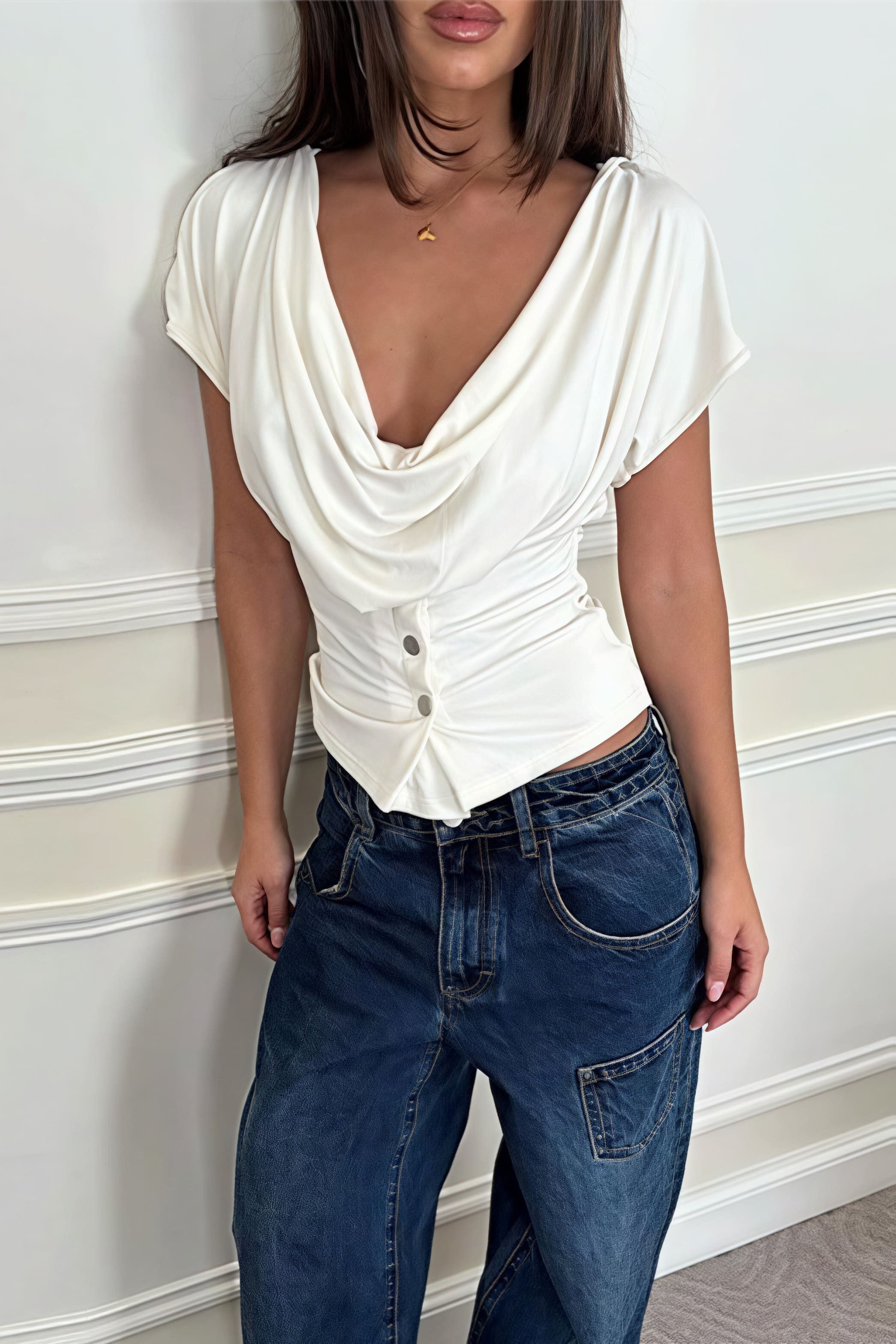 Solid Minimalist Cowl Neck Slim Short Sleeve T-shirt