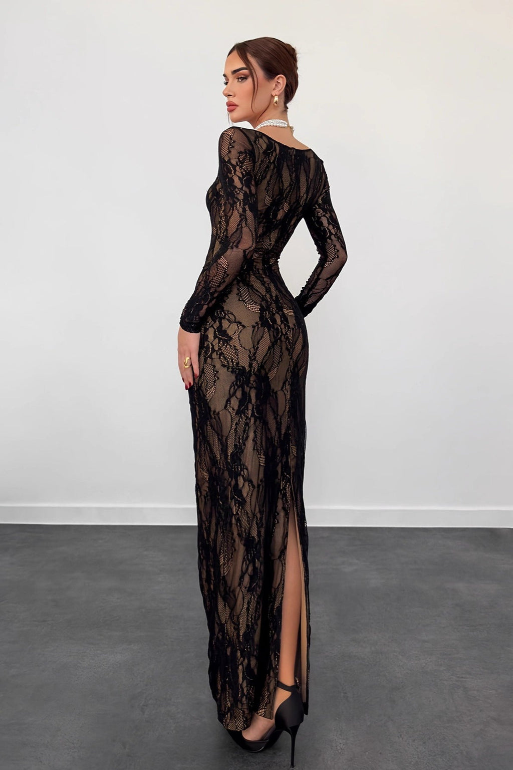 Floral Lace Square Neck Corset Boning Long Sleeve Maxi Dress