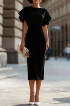 Solid Color Round Neck Ruffle Sleeve Elegant Slim-fit Midi Dress