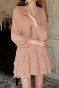 Crystal Floral Embellished Deep V Bishop Sleeve Tiered Ruffle Mini Dress