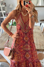 Paisley Print Deep V-Neck Spaghetti Strap Empire Waist Tiered Maxi Dress