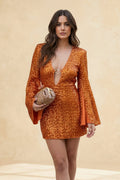 Sequin Deep V-Neck Ring Keyhole Bell Sleeve Mini Dress