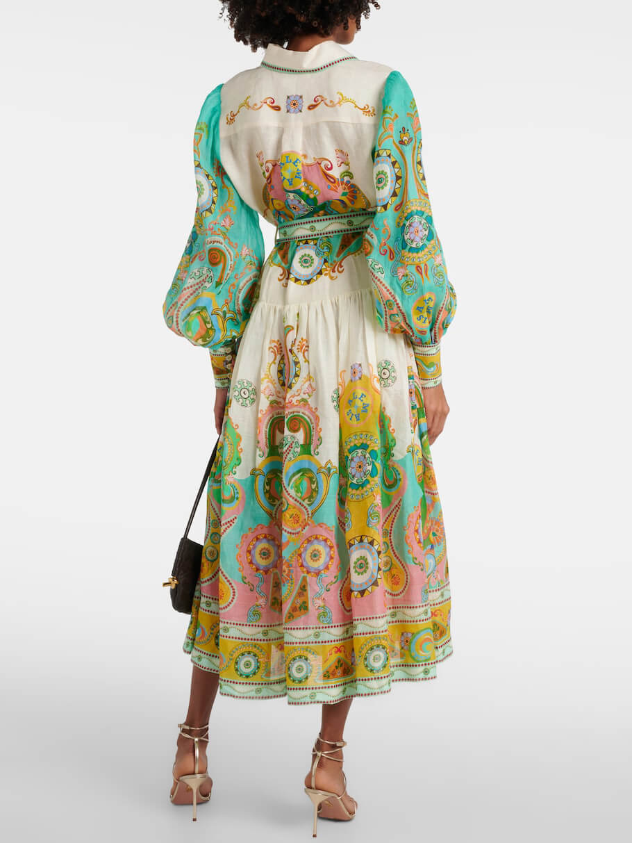 Collared Button Front Puff Sleeve Paisley Print Tie Waist Tiered Midi Dress