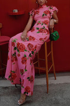Elegant party cheongsam style rose print layered flared sleeve elastic long skirt