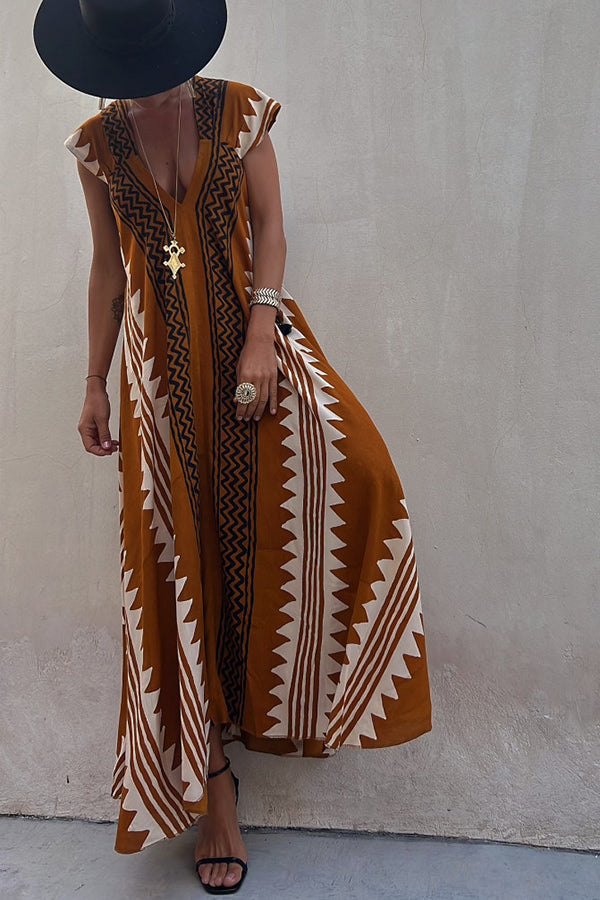 Ethnic Geometric Print Cap Sleeve Deep V-Neck A-Line Maxi Dress