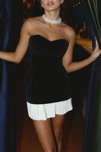 Strapless Sweetheart Velvet Corset Bodice Pleated Contrast Mini Dress