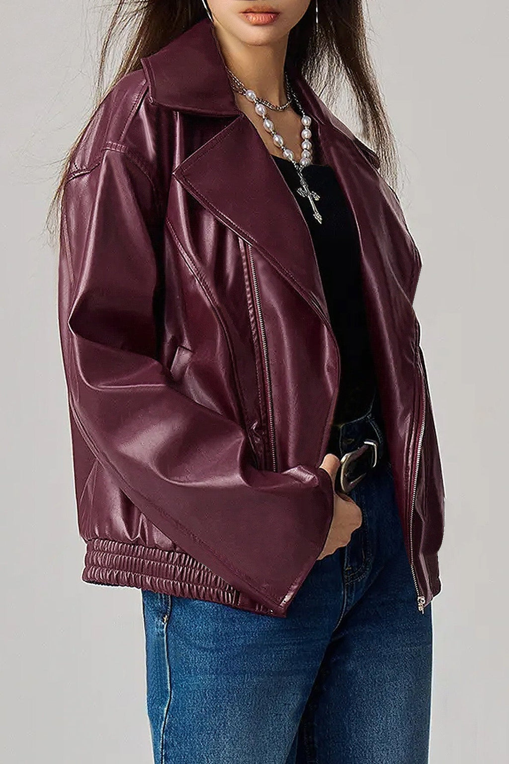 Oversized Long Sleeve Leather Jacket