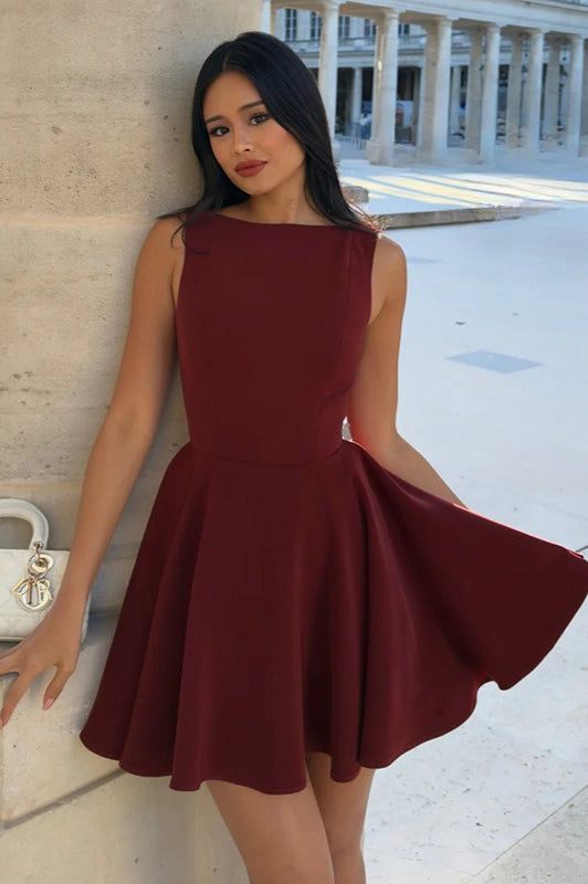Boat Neck Sleeveless Pleated Fit and Flare Skater Mini Dress