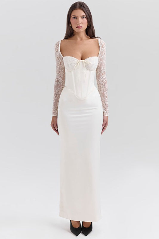 Lace Corset Sweetheart Long Sleeve Satin Mermaid Maxi Formal Gown