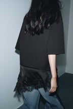 Stylish Round Neck Short-sleeved Patchwork Lace Hem Loose T-shirt