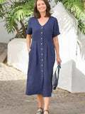 Linen V-Neck Short Sleeve Button Front Pocket Midi Dress
