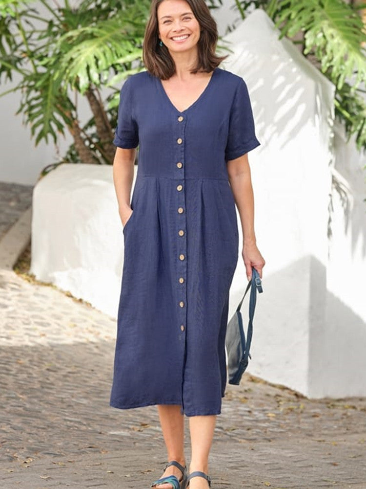 Linen V-Neck Short Sleeve Button Front Pocket Midi Dress