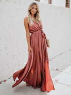 Blush Pink Wrap Maxi Dress for Women - Elegant V Neck High Slit Long Dress - Summer Beach Wedding Guest Wear 2026