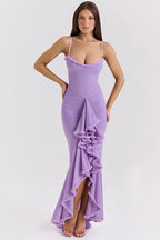 Chiffon Ruched Sweetheart Spaghetti Strap Ruffle Trim High Slit Maxi Dress