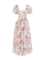 Floral Dress Floral Print Puff Sleeves Belted Sweet Party Prom Maxi Dresses