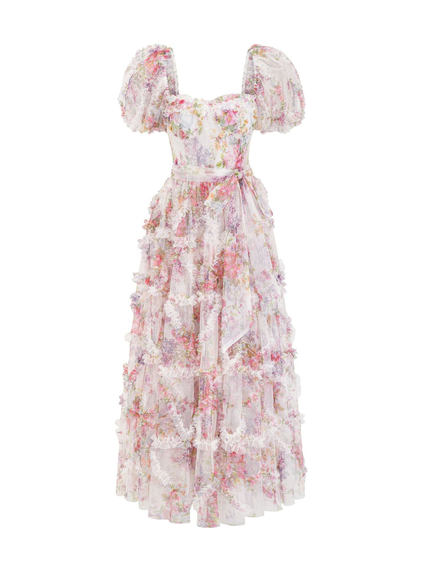 Floral Dress Floral Print Puff Sleeves Belted Sweet Party Prom Maxi Dresses