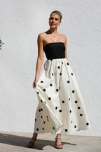 Polka Dot Strapless Solid Bodice A-Line Maxi Dress