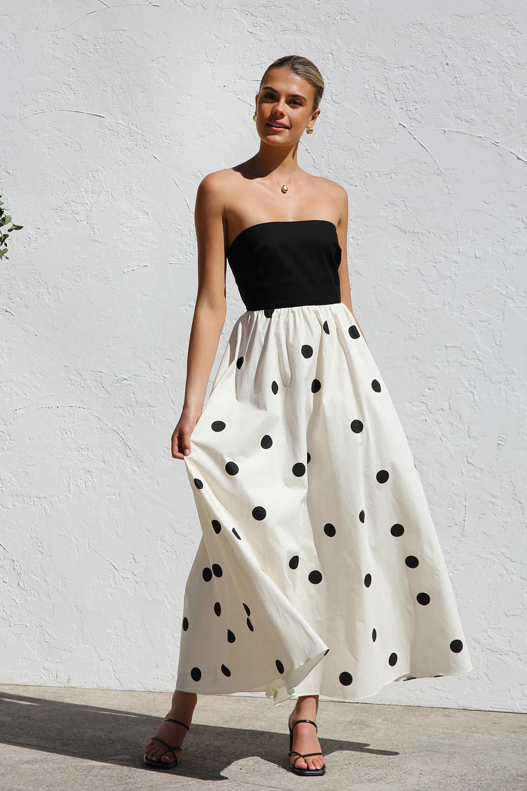 Polka Dot Strapless Solid Bodice A-Line Maxi Dress