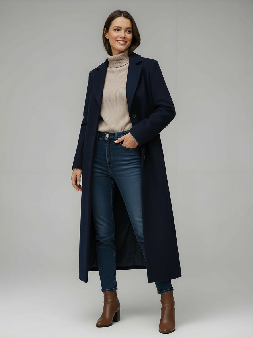Woolen Long Straight Coat With Single-Breasted And Classic Notch Lapel For Women 2026