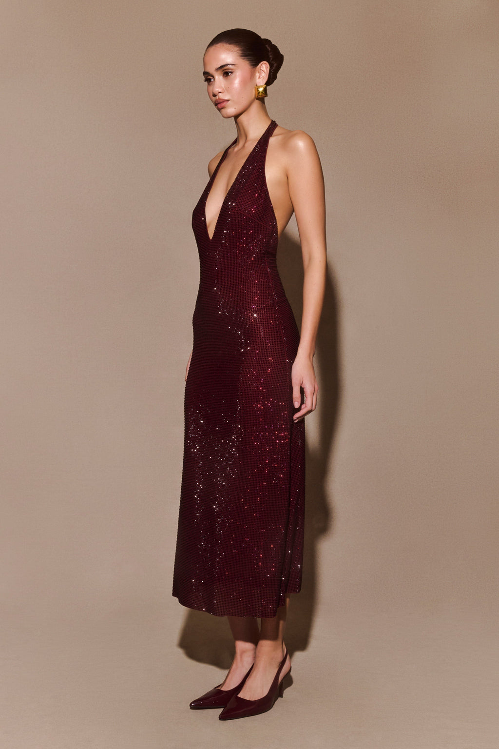 Sequin Halter Neck Deep V-Neck Bodycon Midi Dress