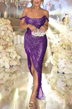 Off Shoulder Glitter Corset Bodice Ruched Hip High Slit Maxi Gown