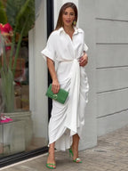 Shirt Midi Dress Pink Turndown Collar Pleated Short Sleeves Layered Dresses