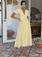Butter Yellow Sundress Plunge Puff Sleeves Casual Summer Maxi Dress 2026