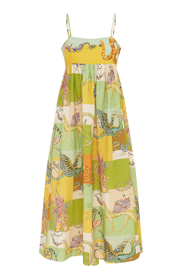 Dragon Print Patchwork Grid Empire Waist Pocketed Maxi Dress