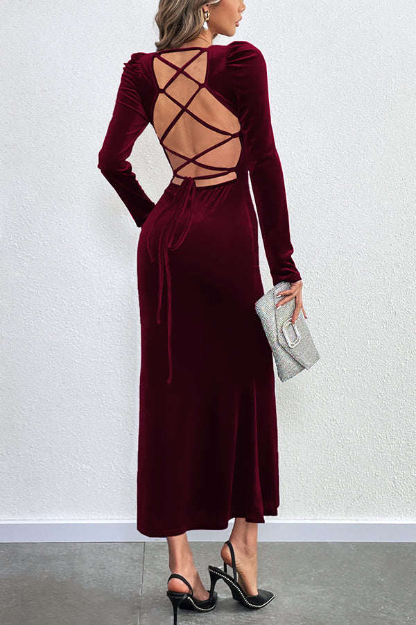 Velvet Square Neck Puff Shoulder Mermaid Hem Maxi Dress