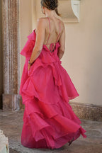 Romantic Summer Chiffon Tiered Ruffle Deep V-Back Halter A-line Maxi Design