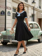Contrast Peter Pan Collar A-line Summer Swing Midi Dress For Women 2026