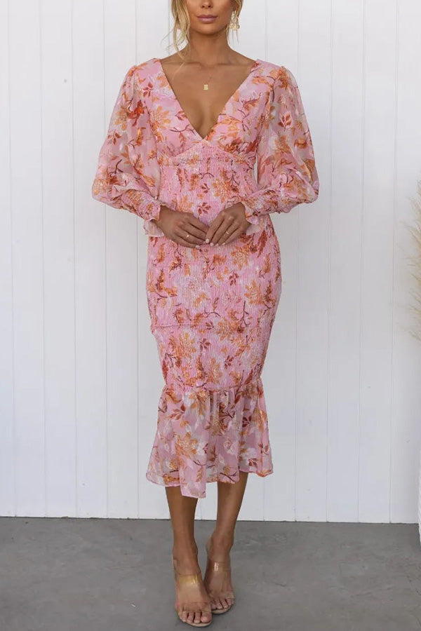 Deep V-Neck Smocked Floral Print Balloon Sleeve Ruffle Hem Mermaid Midi Dress