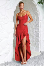 Spaghetti Strap Cowl Neck Ruffle Slit Satin Maxi Gown