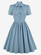 Vintage 1950s Midi Swing Tea Dress for Women - Bow Neck Short Sleeve Fit and Flare Rockabilly Gown - Garden Party 2026