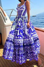 Tile Print Corset Bodice Tiered Ruffle Maxi Dress