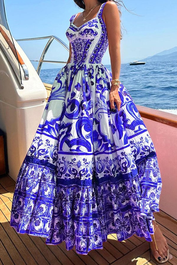 Tile Print Corset Bodice Tiered Ruffle Maxi Dress