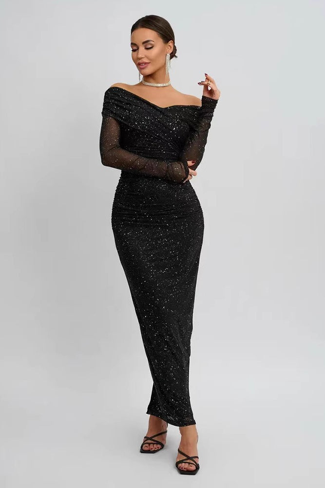 Black Strapless Mesh Long Sleeve Maxi Dress